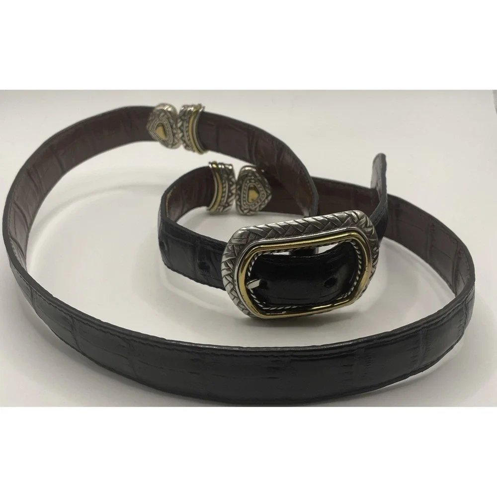 Brighton Belt Women Large Reversible Black Brown Croc Leather Silver Gold 40210